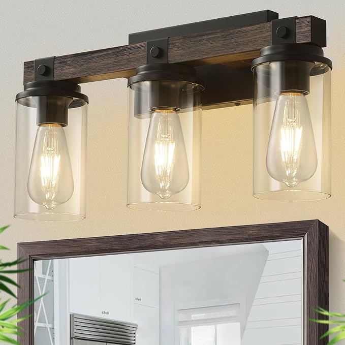 Bathroom Vanity Light Fixtures, Wooden Farmhouse Bathroom Lights over Mirror Vintage Rustic Sconces Wall Lighting 3-Light Industrial Matte Black Vanity Light for Bathroom Bedroom Hallway Kitchen