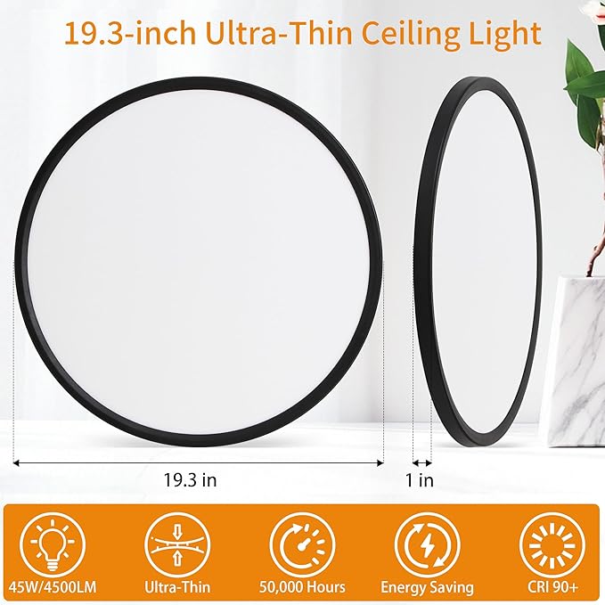 Flush Mount Ceiling Light with Night Light, 19in LED Ceiling Lights with Remote Control, 1800K Nightlights & 3000-6500K Dimmable Lamp Fixture, 45W 4500LM Low Profile for Bedroom, Black