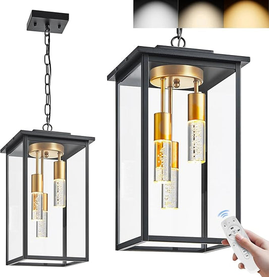 3-Color LED Outdoor Pendant Light with Remote, 3-Light 19" Large Outdoor Chandelier for Porch, Black Gold Exterior Pendant Lighting Fixtures Ceiling Mount Pendant Lantern for Patio Front Door
