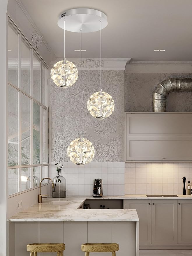 ykolupty Silver Dining Room Chandelier Light Fixture 3-Light Crystal Globe Pendant Lighting Modern Kitchen Island Cluster Hanging Pendant Lights LED Dimmable 2700-6000K