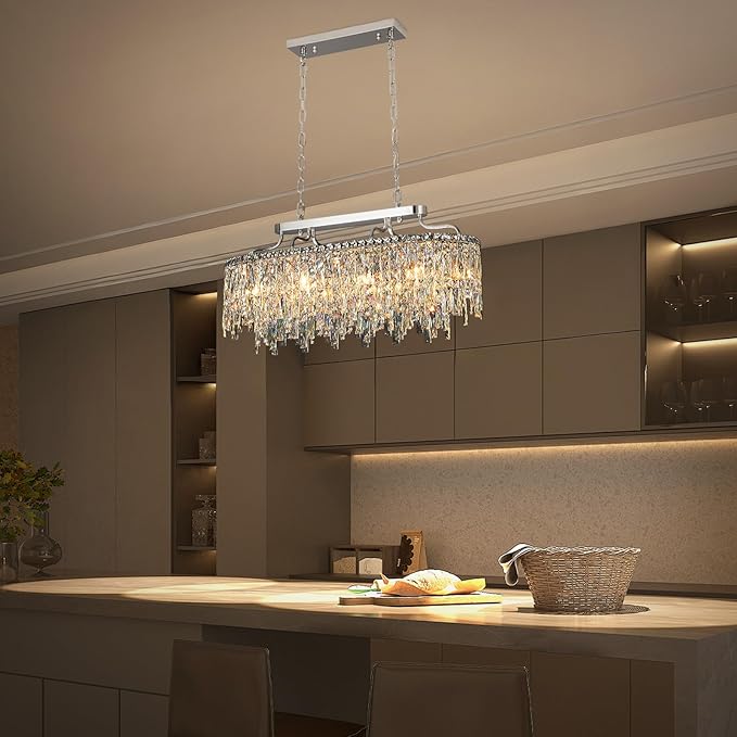 10 Light Crystal Chandelier | Chrome Oval-Shaped Crystal Chandeliers for Dining Room Light Fixture, 32" Modern Ceiling Lighting Fixture for Dining Room Kitchen Island Bar