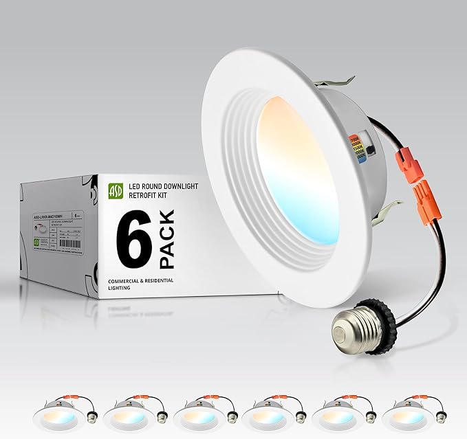 ASD 6 Pack 4 Inch Retrofit LED Recessed Light - 10W 2700K-5000K 849LM Retrofit LED Recessed Lighting 4 Inch, Dimmable Recessed Lights, Wet Rated Baffle Trim Can Lights, ETL, Energy Star