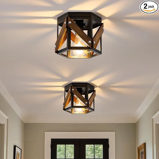 2 Pack Farmhouse Flush Mount Ceiling Light, Rustic Hallway Light Fixtures Ceiling, Vintage Black Lighting Fixtures with Metal and Wood Cage, Small Chandelier for Kitchen Sink Entryway Bathroom
