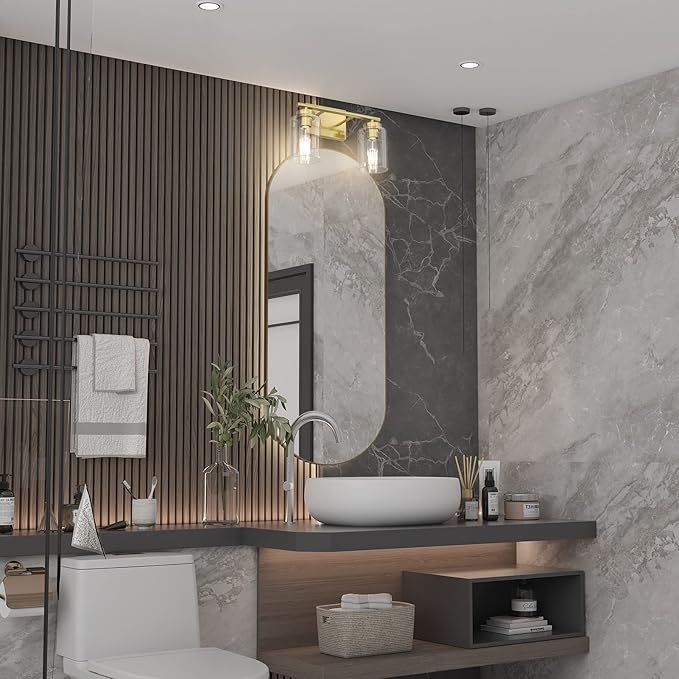 Aipsun Bathroom Light Fixtures,Brushed Brass Vanity Light Gold Wall Sconces Lighting Modern Bath Wall Mounted Lights with Glass Shade, Gold Wall Sconce for Bathroom(Exclude Bulb)