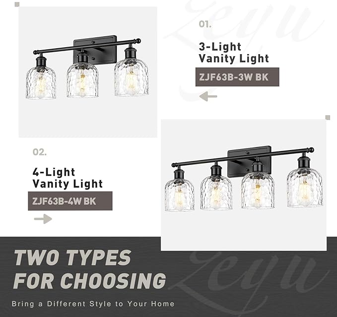 zeyu Bathroom Black Vanity Light, 21'' Black Bathroom Light Fixture 3 Light, Modern Vanity Lamp with Clear Hammered Glass, ZJF63B-3W BK