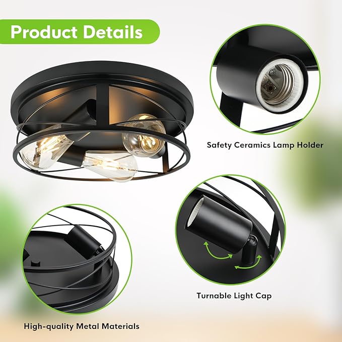 2 Pack Farmhouse Ceiling Light - 12 Inch Big Dimmable Rustic Black Flush Mount E26 Industrial Ceiling Modern Led Light for Hallway Bathroom Kitchen Bedroom (Black, 12 Inch)