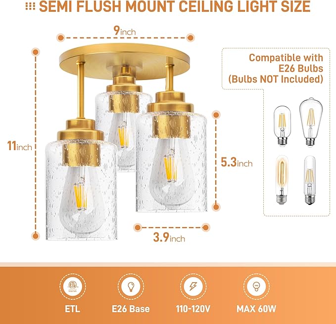 hykolity 3-Light Semi Flush Mount Ceiling Light, 9 Inch Gold Close to Ceiling Light Fixtures with Seeded Glass Shades, Modern Ceiling Lighting for Kitchen, Bedroom, Entryway, Hallway, ETL Listed