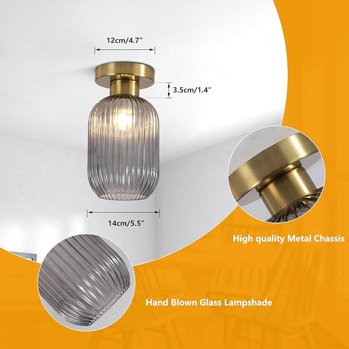 BOKT Vintage Close to Ceiling Light Fixture Gold Semi Flush Mount Ceiling Light Fixture with Smoke Grey Stripe Glass Modern Indoor Hanging Light for Kitchen Living Room Hallway