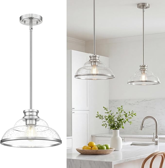 kudos Pendant Lights Kitchen Island, 11" Brushed Nickel Kitchen Island Lighting with Seeded Glass, Farmhouse Pendant Light fixtures for Kitchen Sink Dining Room Hallways, KDPL14-BN