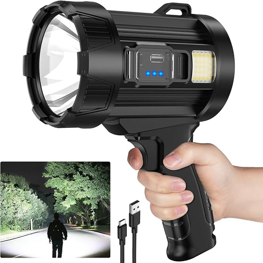 Kmivo Rechargeable LED Spotlight Flashlight, 2,000,000 High Lumens Spot Light, Solar USB Charging with Cob for Camping Hiking Boating