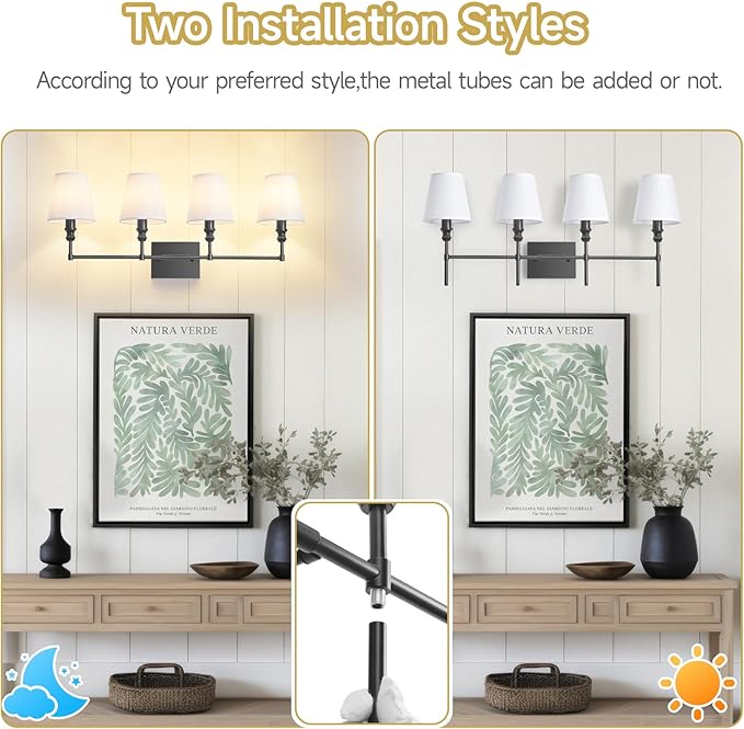 Black Bathroom Vanity Light 4 Light，32.3In Vintage Bathroom Light Fixtures Over Mirror,Hardwired Vanity Wall Sconce with Flared White Fabric Lampshade for Bedroom,Living Room,Foyer,E12 Base