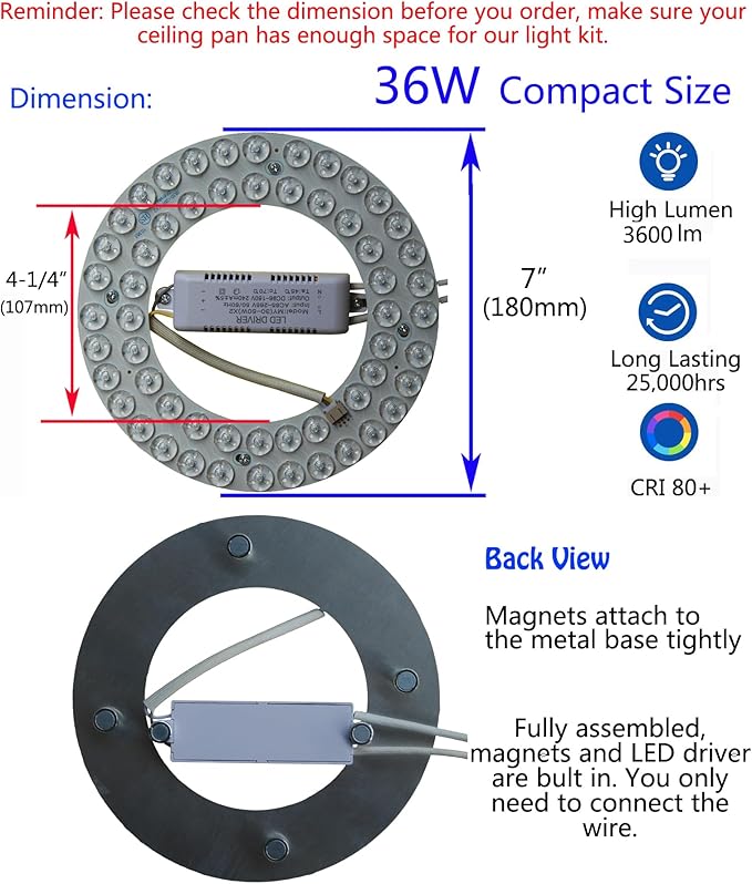 36W LED Light Kit Panel for Ceiling Fan Flush Mount Lights,Retrofit LED Light Engine Upgrade PCB Light Board, 3 Color Temperature