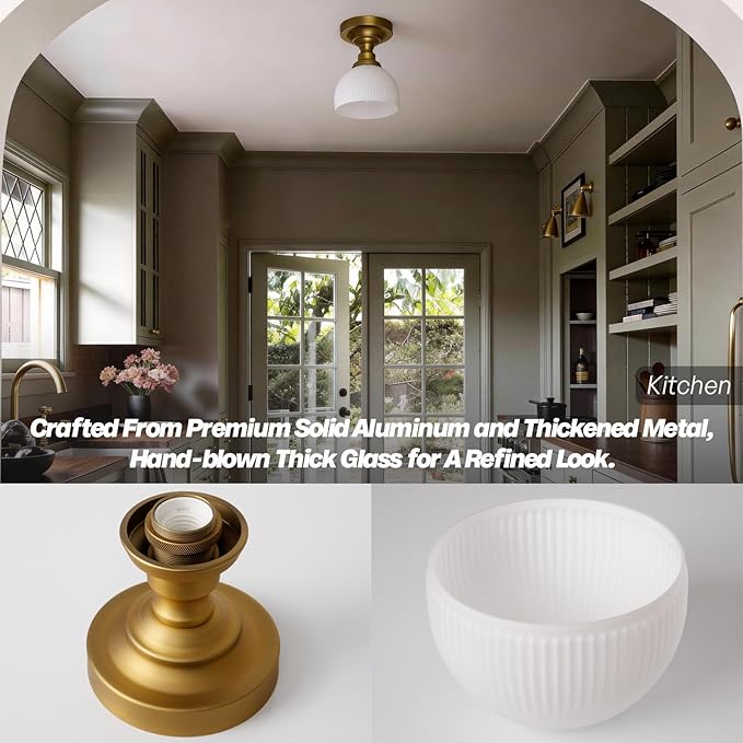 Modern Schoolhouse Semi Flush Mount Ceiling Light,Gold Brass Hand-Blown Glass Close to Ceiling Light Fixtures for Hallway Laundry Entryway Kitchen Bathroom Bedroom E26 Base