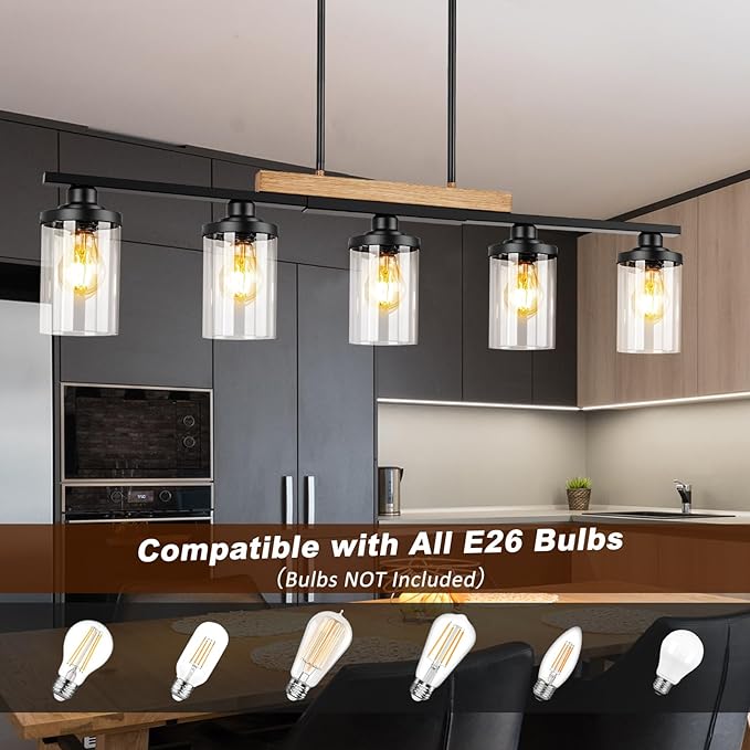 5-Light Kitchen Island Lighting, Farmhouse Dining Room Chandelier over Table, Modern Pendant Light Fixture with Adjustable Height, Large Black Ceiling Light for Dining Table Sloped Ceiling Compatible