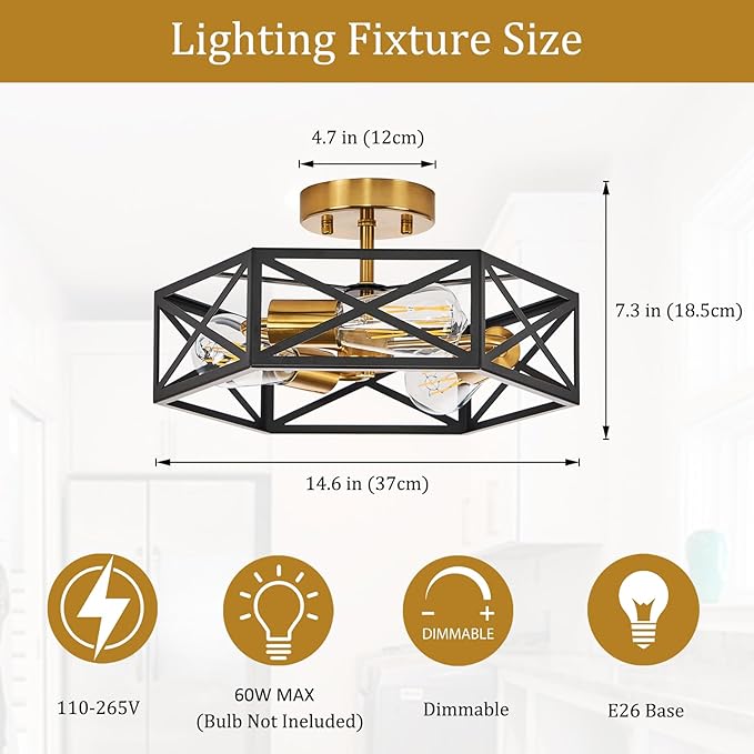 Modern Farmhouse Black and Gold Ceiling Light,Industrial Semi Flush Mount Ceiling Lighting Fixture,Hexagonal Lighting Fixtures for Kitchen,Bedroom,Foyer,Dining Room,Hallway,3-Light,14.6 Inch
