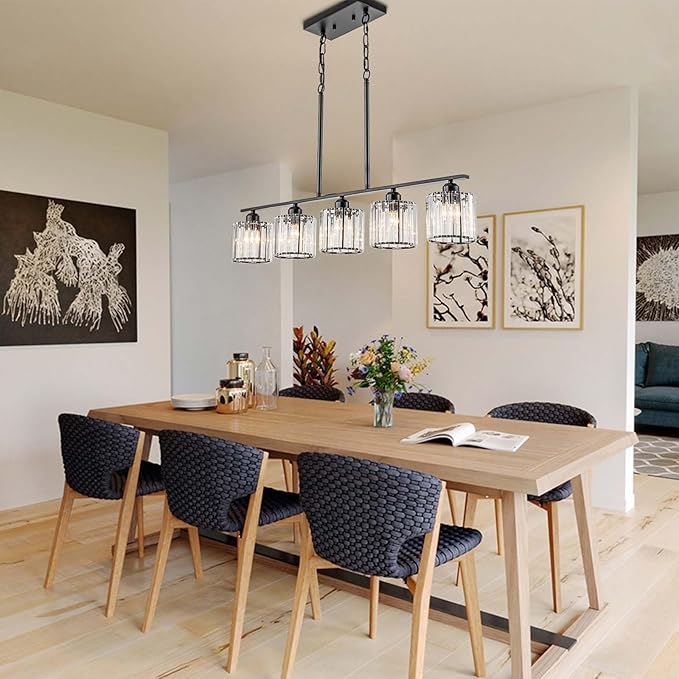 36" Black Chandeliers for Dining Room Light Fixtures over Table, 5-Light Black Linear Farmhouse Pendant Lights Kitchen Island Lighting, Modern Island Lights for Kitchen with Clear K9 Cystal Shades
