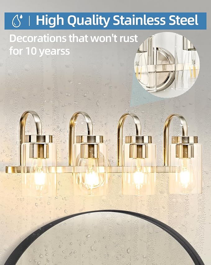 4 Light Bathroom Vanity Light, Brushed Nickel Vanity Lights for Bathroom, Modern Light Fixtures Over Mirror with Clear Glass Shade, Wall Sconce Lighting for Bedroom
