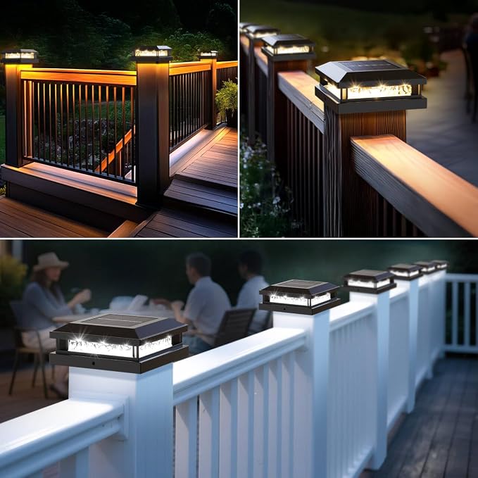 Solar Post Cap Lights 16 Pack, Upgraded Outdoor Fence Post Lights for 4x4 4.5x4.5 5x5 Vinyl/Wood Posts, Black Deck Posts Cap Light Solar Powered with Warm White/Cool White for Garden Patio Porch