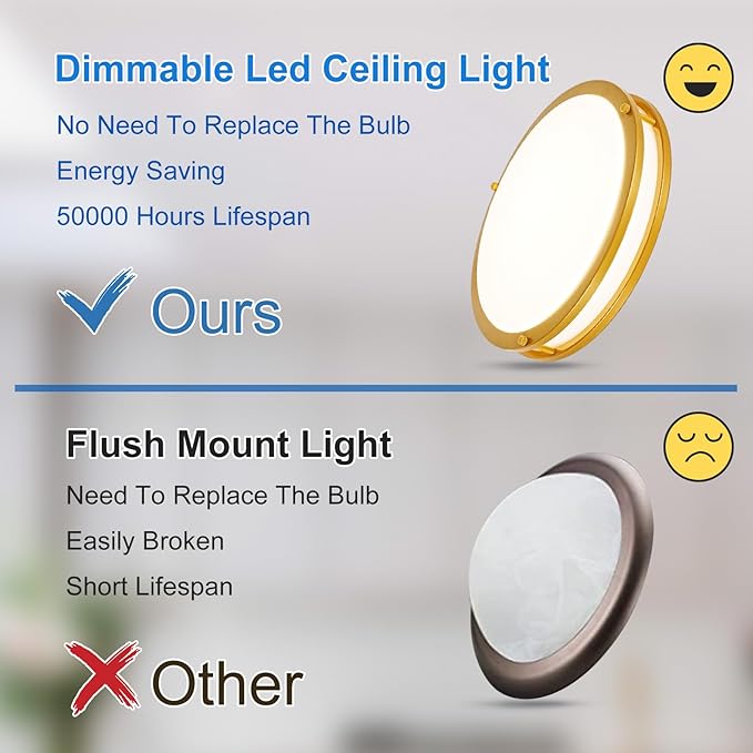 DLLT Flush Mount LED Ceiling Light: 13 Inch 5CCT (3000K-6000K) & Dimmable Ceiling Light Fixtures for Bedroom Hallway - 24W Modern Gold Super Bright Kitchen Lighting Fixtures Ceiling