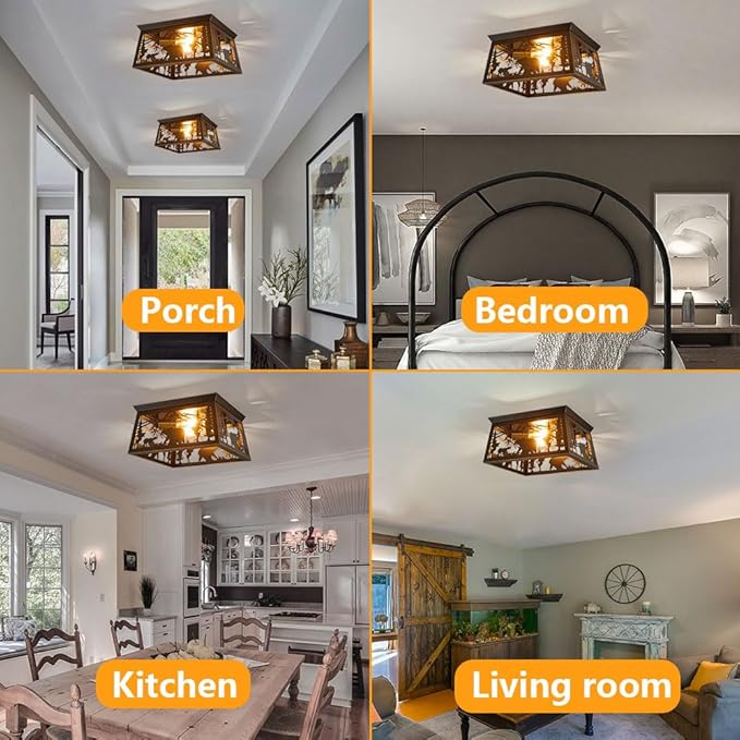 Rustic Light Fixture, 2-Light Farmhouse Flush Mount Ceiling Light Fixture, Metal Bear Country for Bedroom Foyer Entryway Hall Lights Ceiling Mount,E26 Bulbs, 12.5"