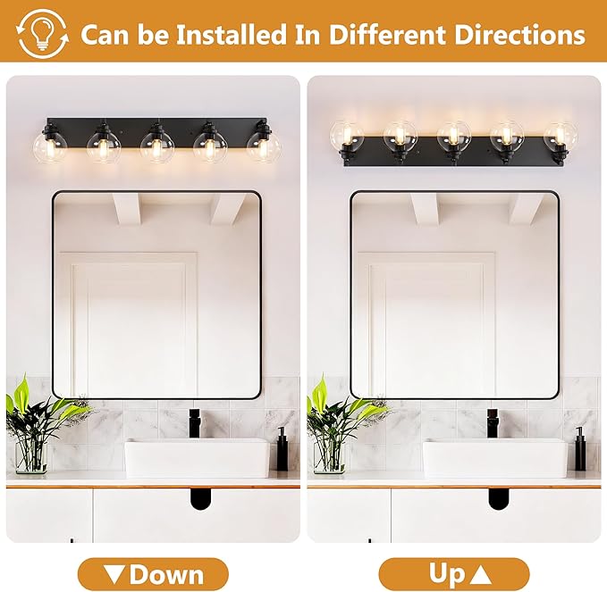 LmnLvn Bathroom Light Fixtures, 5-Light Matte Black Vanity Lights, Modern Bathroom Lighting Fixtures Over Mirror, Farmhouse Vanity Lights with Glass Shade for Living Room, Bedroom, Hallway
