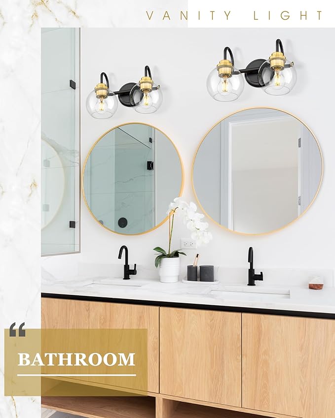 Bathroom Light Fixtures, 2-Light Black and Gold Vanity Lights with Globe Clear Glass, Modern Vanity Lighting Fixtures Over Mirror, AD-22280-2W-KG