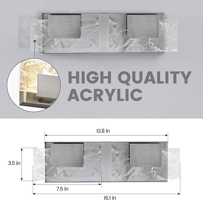 LED Bathroom Vanity Light: 16 Inch Brushed Nickel Acrylic Modern Lighting Fixtures - 2-Lights Contemporary Smoke Design Wall Lights Fixture Over Mirror 3000K