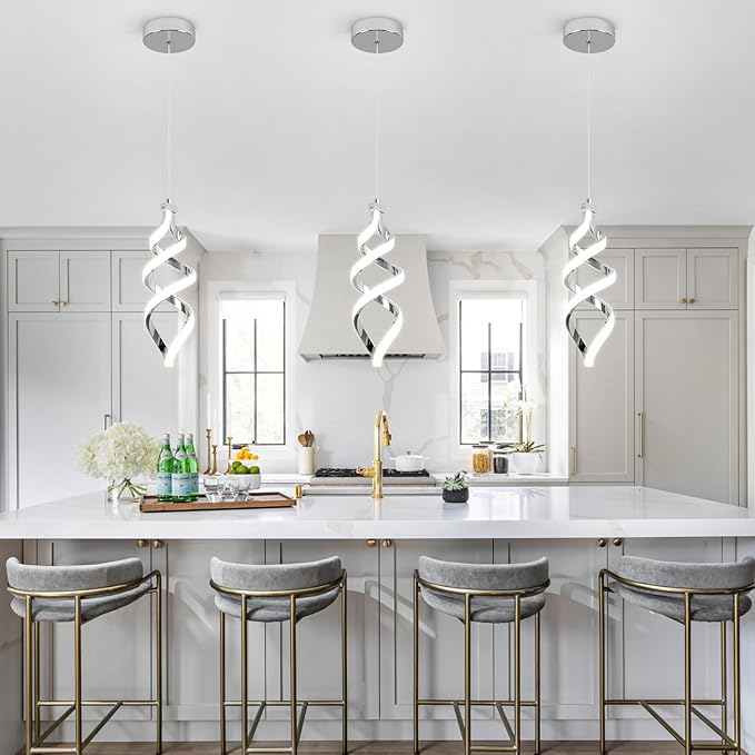 Modern Led Pendant Light Fixture, 15W Chrome Spiral Led Chandelier Hanging Lamp, 3000K-6000K, Dimmable Pendant Lamp, Adjustable Height Pendant Light for Kitchen Island Dining Room Bedroom Cafe