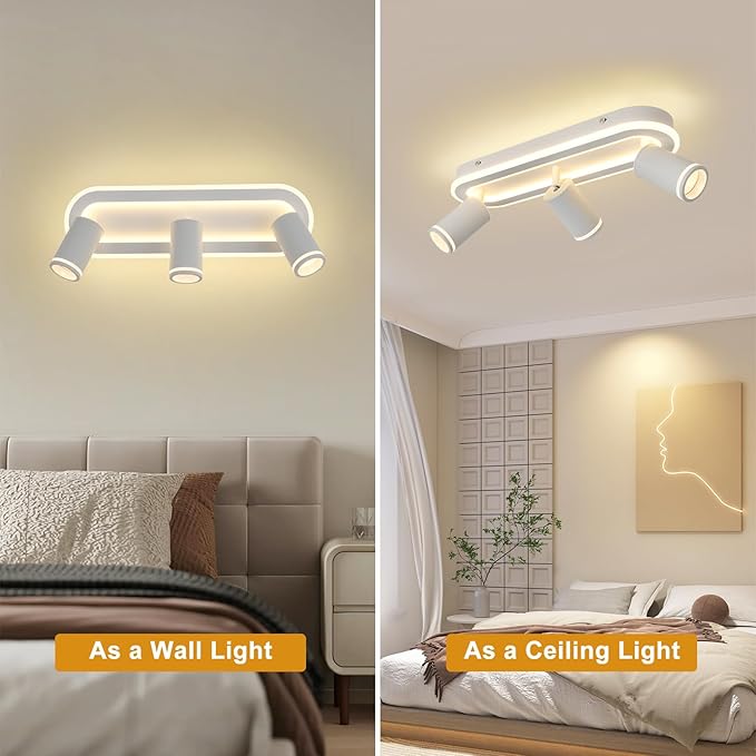 LED 3 Light Track Lighting Spotlight Kit, White Ceiling Spotlights, Modern Track Light Fixture with Flexibly Rotatable Light Heads, 35W+15W Dual Lighting for Kitchen Living Room,Includes 3 x GU10 Bulb