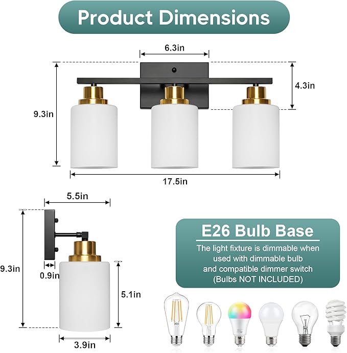 Ascher Bathroom Light Fixtures, 3-Light Vanity Light Over Mirror, Black and Gold Wall Sconces with Milky White Frosted Glass Shades, Wall Lamp for Living Room Bedroom, E26 Base(Bulbs Not Included)