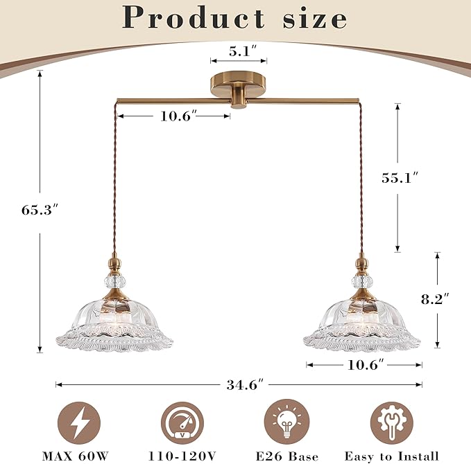 2-Light Vintage Pendant Light Fixtures for Kitchen Island Brass Gold 10.6" Glass Small Pendant Lights Adjustable Hanging Light for Hallway Porch Sink Table