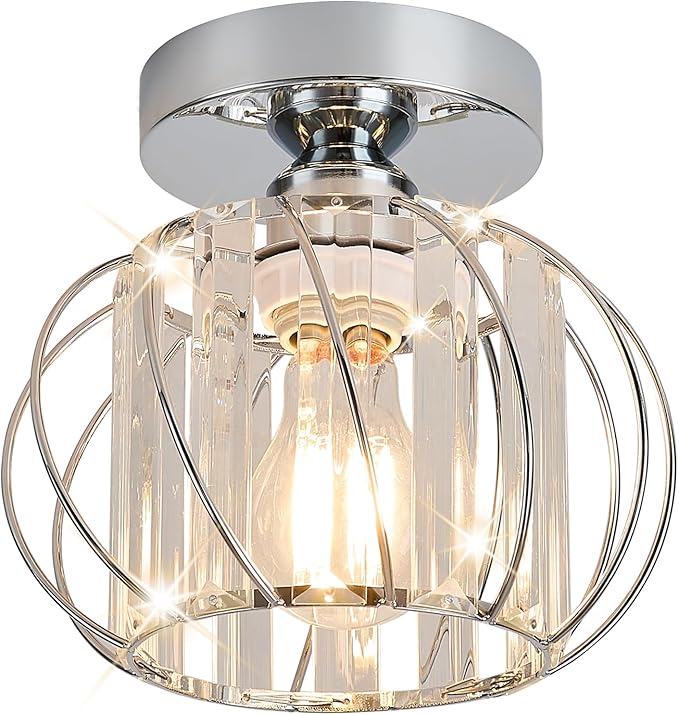 Semi Flush Mount Crystal Ceiling Light, Metal Cage Hallway Ceiling Lamps, Farmhouse Ceiling Light Fixture, Industrial Crystal Chandelier for Corridor Bathroom Kitchen (1, Chrome, 7.5 Inch)