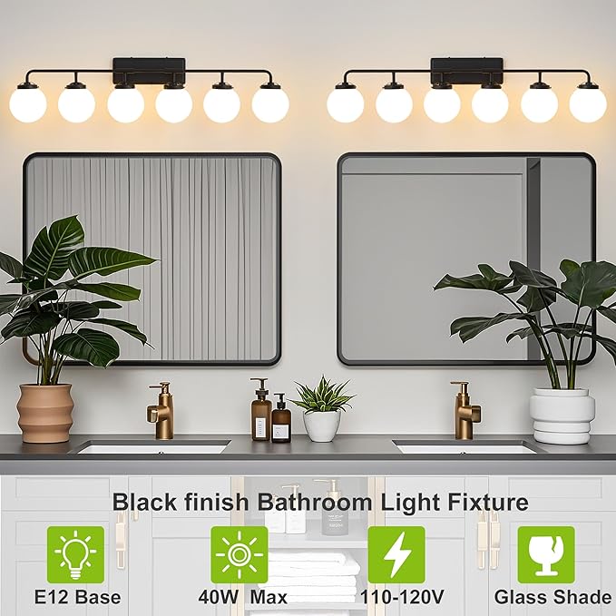 Bathroom Light Fixtures Over Mirror, 6-Light Matte Black Vanity Lighting with Milk White Glass Globe Shades Modern Wall Sconce