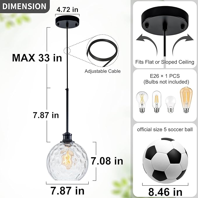 Glass Pendant Light Fixtures, Black Globe Pendant Lights Kitchen Island with 7.8" Clear Hammered Glass, Adjustable Hanging Farmhouse Kitchen Island Lighting For Bathroom Dining Room Sink 1 Pack