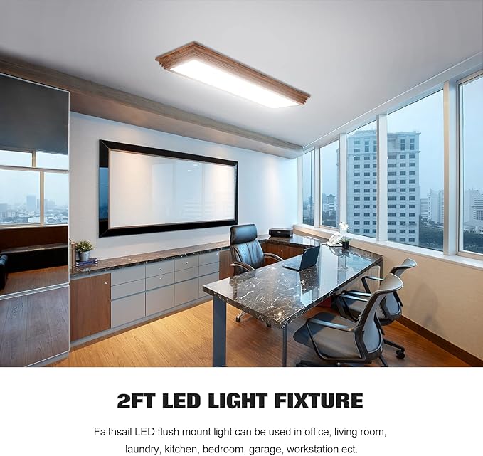 FAITHSAIL 2FT LED Light Fixture with 3000K/4000K/5000K CCT Selectable Dimmable 2 Foot LED Linear with Wooden Look 30W 3300LM Flush Mount Ceiling Wraparound for Kitchen, Bedroom, Laundry