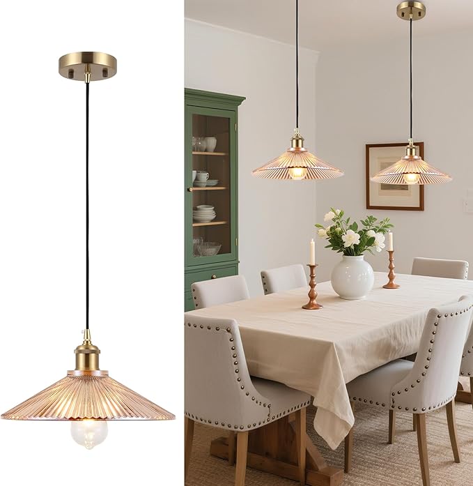 Modern Large Pendant Light 11.81 Inches Amber Striped Glass Shades Brushed Brass Gold Hanging Lamp Farmhouse Adjustable Ceiling Hanging Lights Kitchen Island Dining Room Bedroom