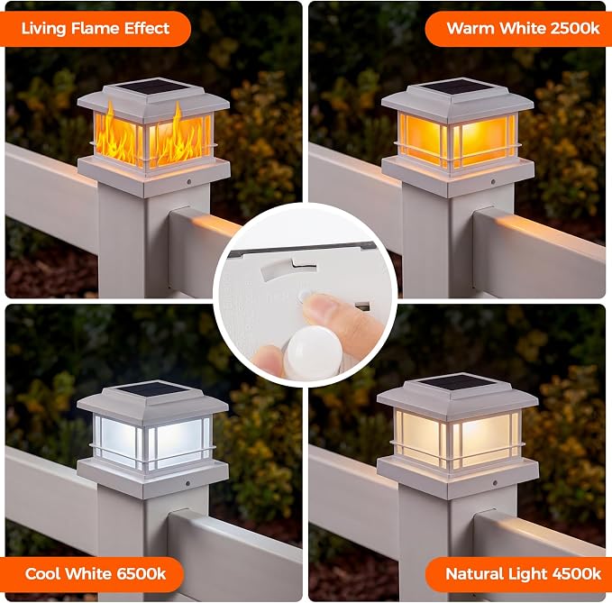 JOFIOS Flickering Flame Solar Post Cap Lights Outdoor, White Post Lights with 3 Color Temperature, Fits 3.5" 4" 4.5" 5" Wood/Vinyl Posts, IP64 Waterproof Fence Deck Lights for Garden Patio Yard 2 Pack