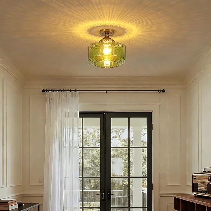 11.8in Semi Flush Mount Ceiling Light Fixture, Vintage Striated Glass Kitchen Lighting Fixtures Ceiling Mount for Entryway Hallway Bedroom Dining Room Bathroom Foyer Laundry (Green)
