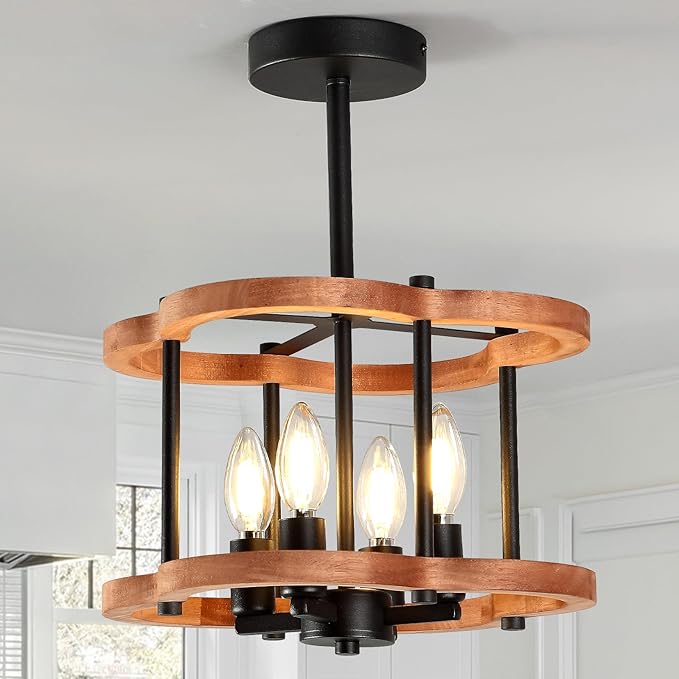 4-Light Rustic Semi Flush Mount Ceiling Light, 13" Farmhouse Wood Close to Ceiling Lighting with Black Metal Industrial Hallway Light Fixtures for Living Room Bedroom Dining Room Foyer Entryway