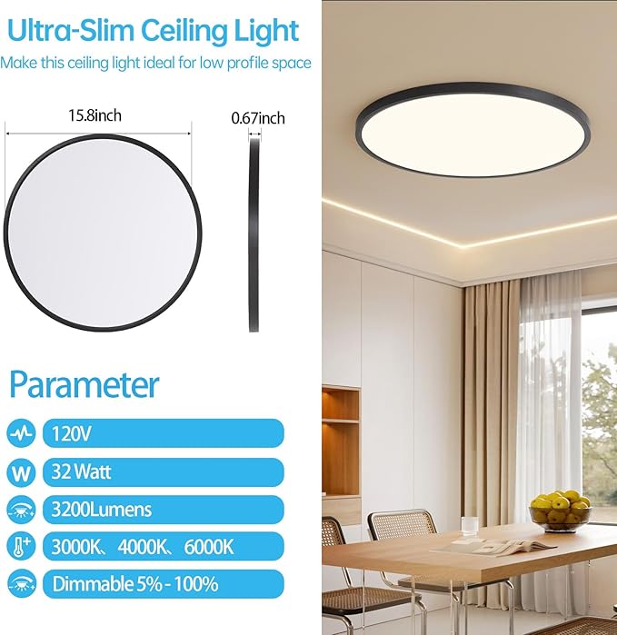 4PK 15.8 Inch Dimmable Flush Mount LED Ceiling Light Fixture, 32W,3200LM,3000K/4000K/6000K CCT Selectable,0.67 inch Super Slim LED Ceiling Light for Bedroom,Hallway,Kitchen,Black