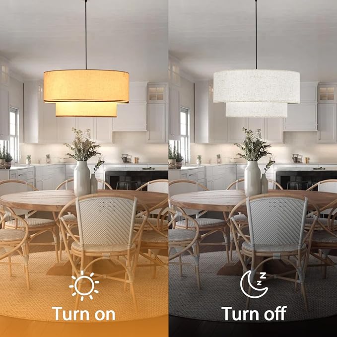 Linen Drum Pendant Light, 18” Double Drum Light Fixture with Modern Fabric Lampshade, 3-Light Linen Chandeliers for Dining Room, Bedroom