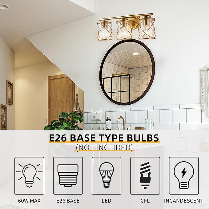 mavcadonf 3-Lights Bathroom Vanity Lights, Bathroom Light Fixtures Over Mirror, Brushed Gold Vanity Light, Farmhouse Wall Lights with Clear Glass Shade, Bathroom Wall Lamp for Mirror Kitchen Bedroom