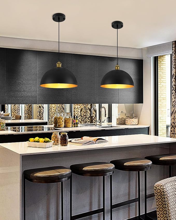 Pendant Lights for Kitchen Island, 11.8" Black and Gold Farmhouse Pendant Light, Dome Pendant Light Fixtures for Dining Room, Living Room, Bedroom, Cafe, Bar, 2 Pack