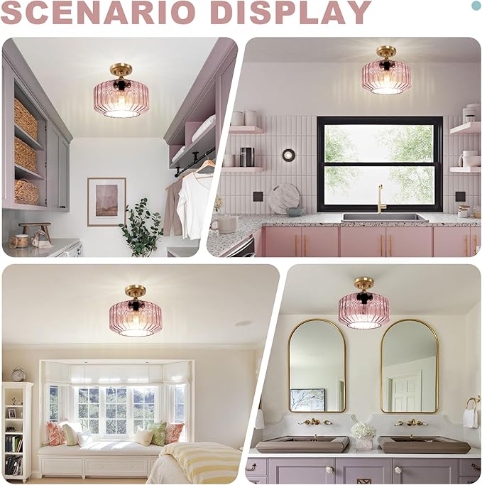 Pink Close to Ceiling Light Hallway Light Fixtures Vintage Antique Brass Ceiling Lamp with 11.02" Stripes Glass Shade Schoolhouse Flush Mount Ceiling Light for Closet Entryway Shower Light