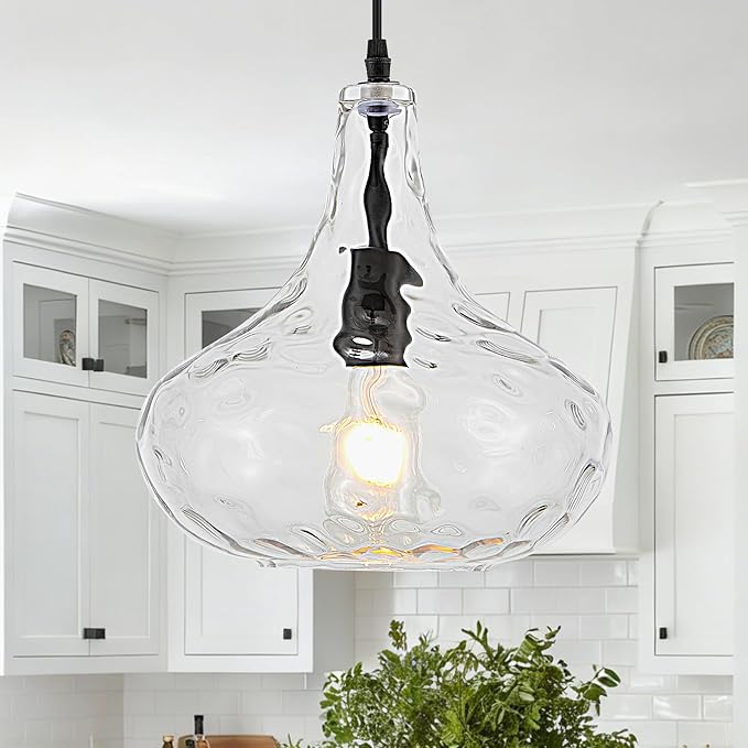 Black Glass Pendant Light Hand-Blown Hammered Glass Shade 11inch Large Modern Pendant Lighting Fixtures for Kitchen Island 1 Light Ceiling Hanging Light for Kitchen Sink Dining Room Hallway, UL Listed