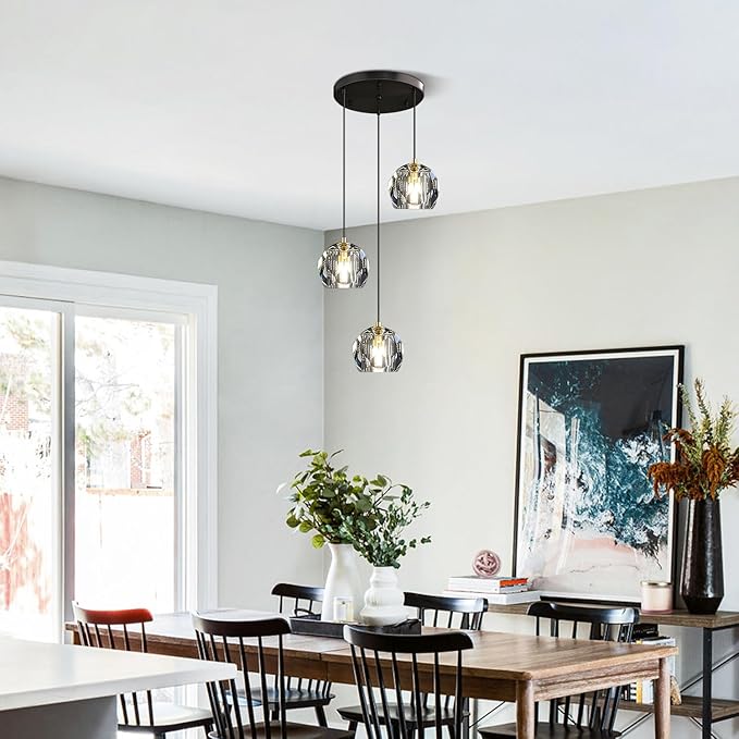 3 Light Cluster Pendant Lighting Black Crystal Chandelier Small Crystal Pendant Lights Kitchen Island Modern Hanging Light Fixture Gold Dining Room Light Fixtures Over Table