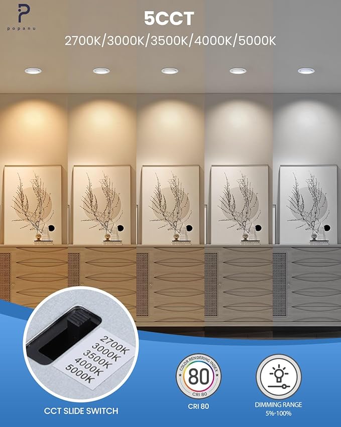 POPANU 6-Inch Gimbal Recessed Light - 12W 90° Tilt & 360° Rotation, 5CCT (2700K-5000K), IC Rated LED Eyeball Recessed Lighting, for Sloped Ceilings, Soffit Light, Hallyway，Kitchens, White 6 Pack