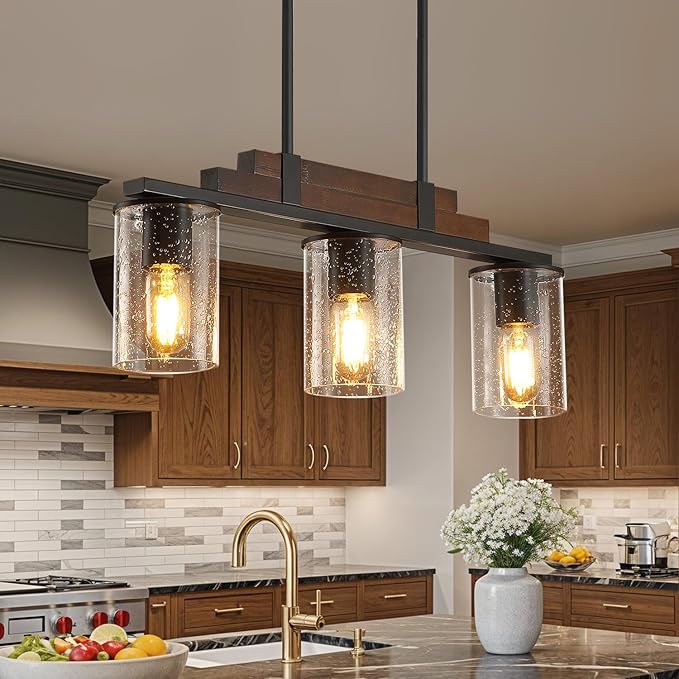 Farmhouse Wood Kitchen Island Lighting, 3-Light Adjustable Chandelier for Dining Room, Seeded Glass Shade Dining Room Light Fixture Over Table, Black Hanging Pendant Lights for Kitchen, Pool Table