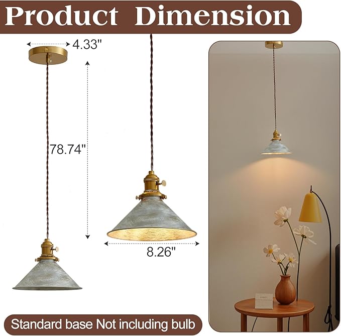 Kitchen Island Pendant Lights 8.2 Inch Industrial Silver Lampshade Farmhouse Pendant Lights Kitchen Island 6.5Ft Adjustable Hanging Kitchen Lights for Living Room and Dininig Room
