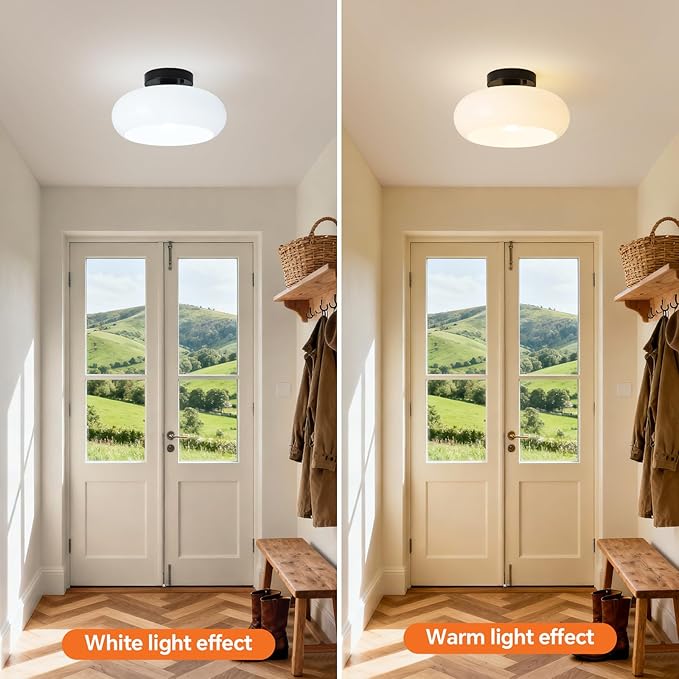 Semi Flush Mount Ceiling Light, Mid Century Modern Black Light Fixture with Milk Glass Shade 8.66''Vintage Ceiling Lamp for Entryway Hallway Foyer, Laundry Room, Schoolhouse